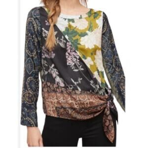 Anthropologie Tiny Blooms Satin Patchwork Tie Waist Blouse sz XS